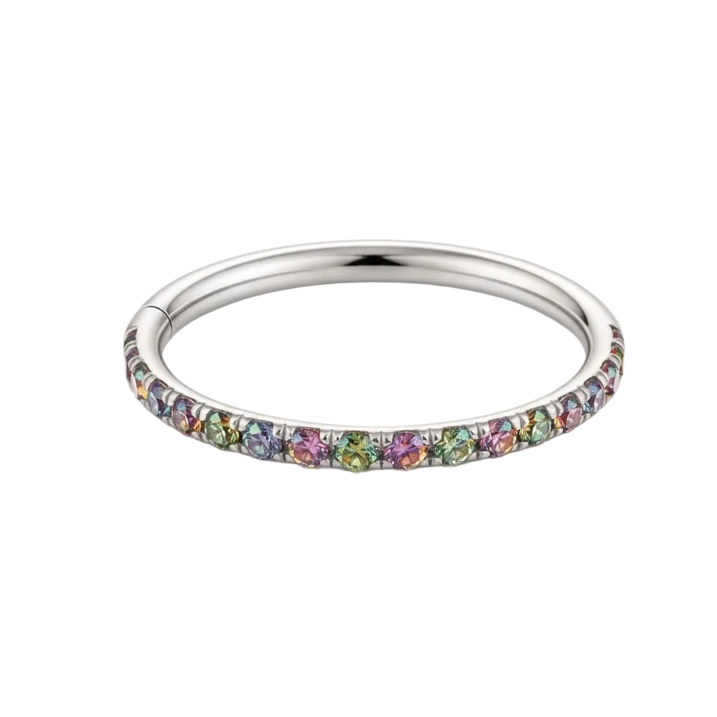 Anello clicker Bright Clicker Ring in titanio, gioiello piercing con fila di brillantini (Bianco, Aurora Boreale, Azzurro).