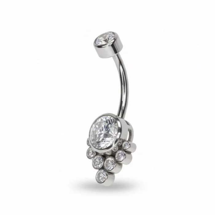 Piercing Ombelico (Navel) Cluster in titanio, gioiello curvo con zirconi per un look brillante