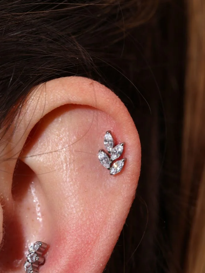 Gioiello Orecchio Titanio con micro zirconi a forma di Foglia, ipoallergenico e brillante