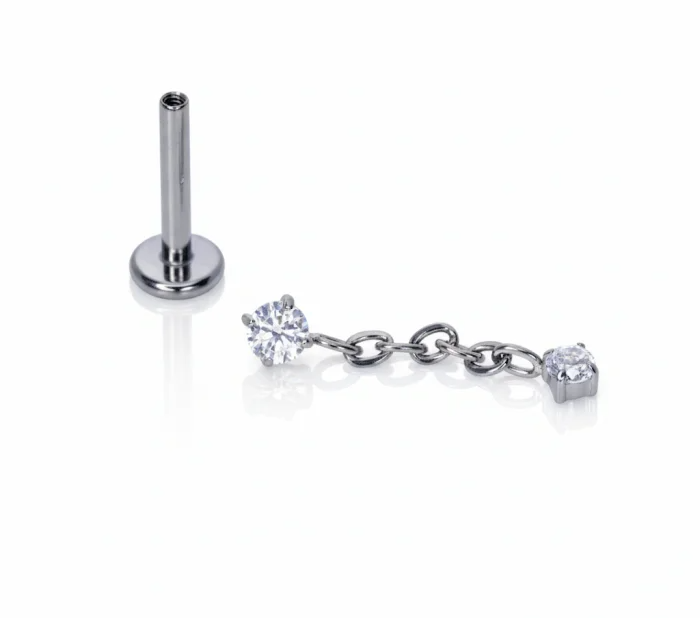 Piercing Orecchio Pendente Catenella (Dot Chain) in titanio, due brillantini (zirconi)