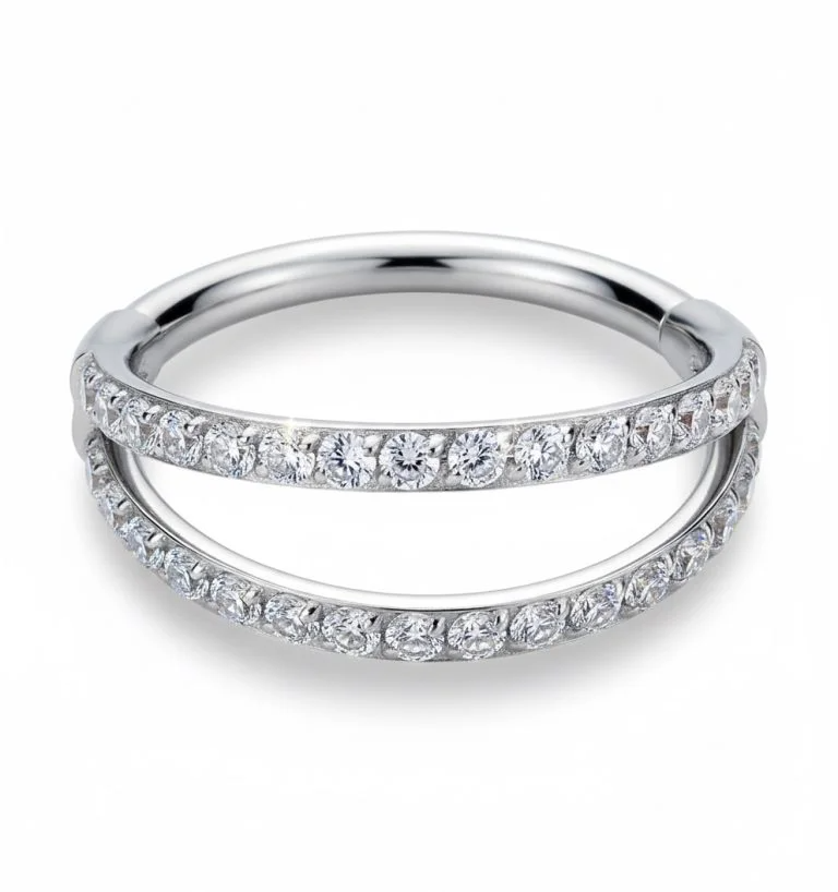 Cerchio Clicker Double Queen in titanio, anello a doppia fascia con zirconi brillanti