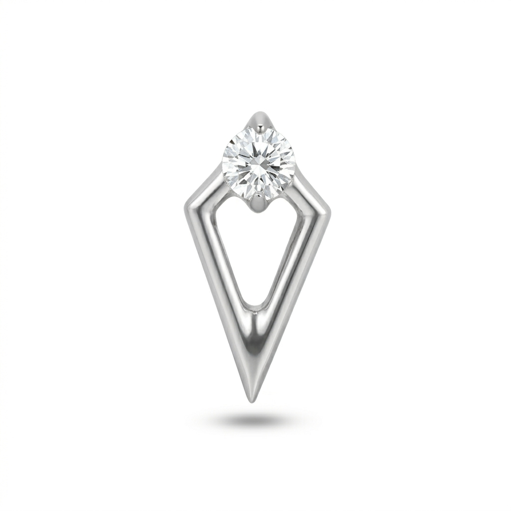 Terminale piercing in titanio ASTM F136 con design geometrico a goccia e zircone brillante. Ideale per lobo, helix, flat, trago e conch. Ipoallergenico, nickel free e anodizzabile.