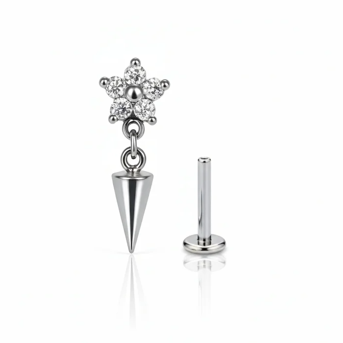 Piercing Orecchio Pendente Fiore e Spike in titanio, gioiello con brillantini e punta