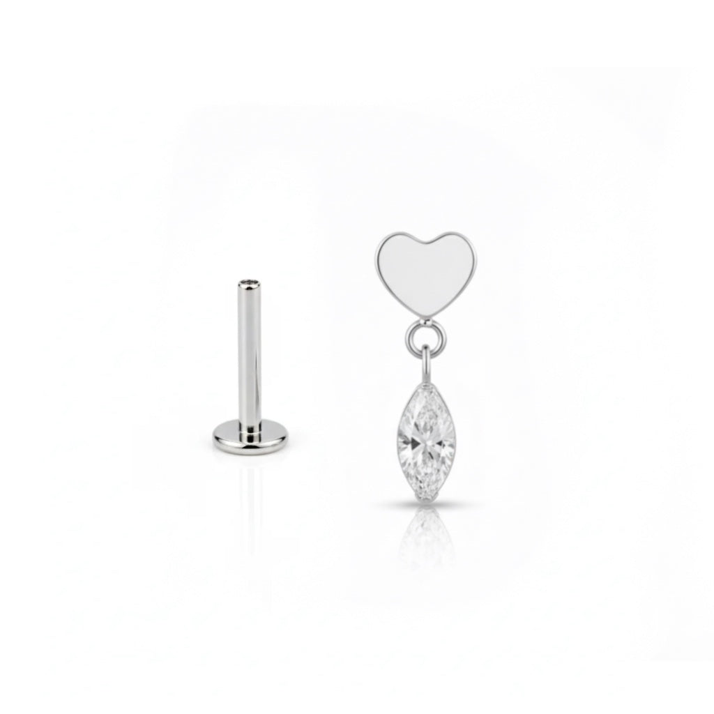 Piercing titanio Heart Drop cuore e goccia con brillantino, gioiello pendente anallergico.