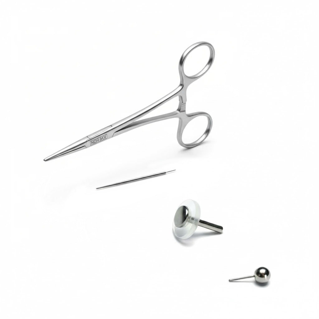 Kit SOS professionale completo per piercing: Labret Threadless, Taper, dischetti silicone anti-bump e pinze professionali