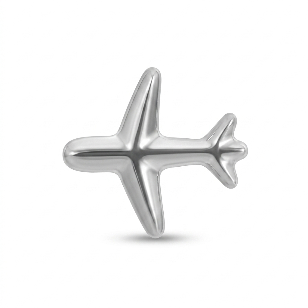 Piercing a forma di aeroplano in titanio ASTM F136, nickel free. Ideale per helix, conch, flat, lobo e trago. Resistente, sicuro e originale.