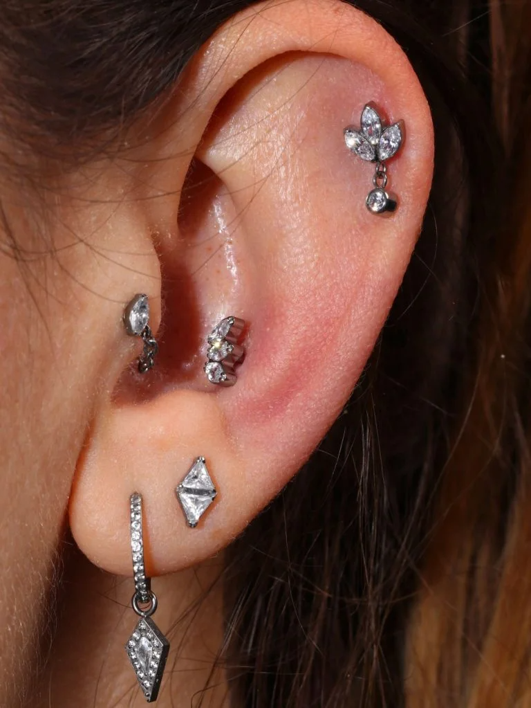 Gioiello Piercing Titanio con decorazione a Fiore Pendente e petali di zirconi, design elegante