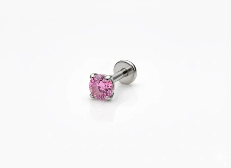 Gioiello piercing titanio con Grande Zircone Rosa, alta lucentezza e sicurezza