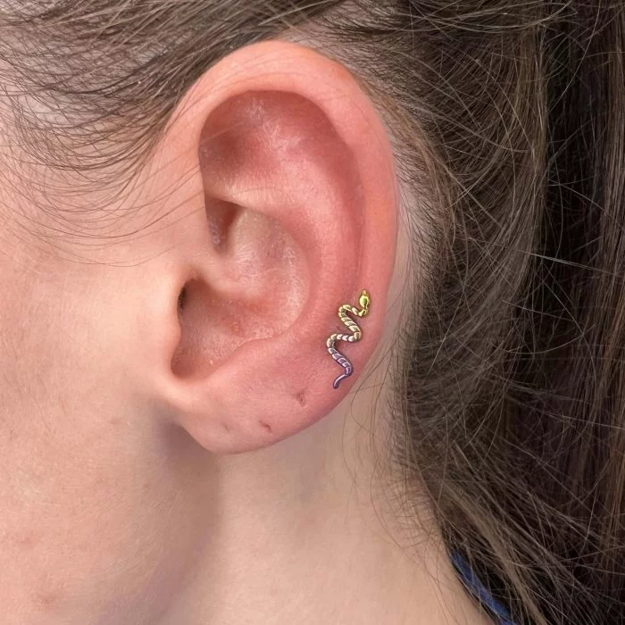 Gioiello Piercing Orecchio Titanio a forma di Serpente stilizzato, ipoallergenico e lucido