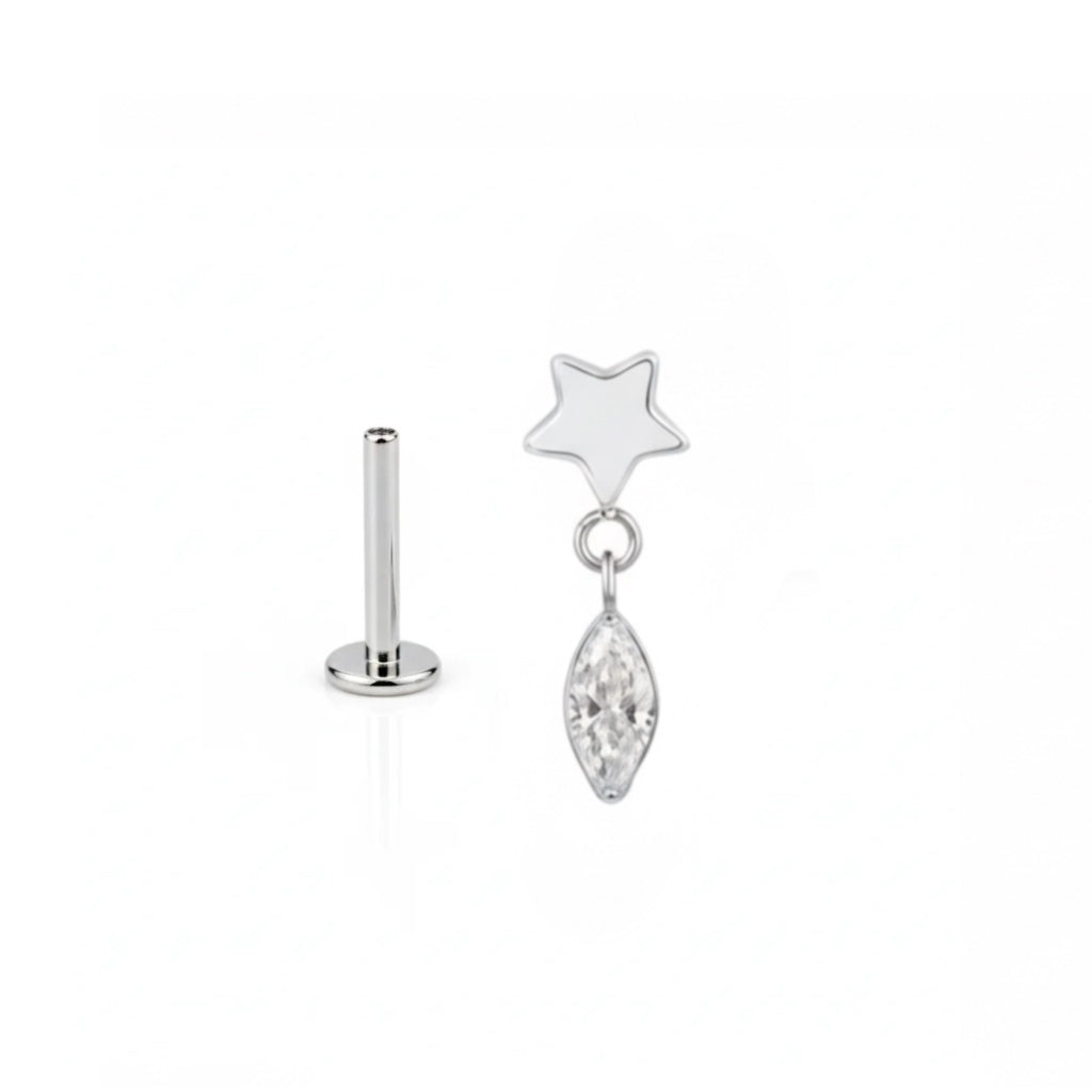 Piercing titanio Star Drop a stella e goccia con brillantino, gioiello pendente ipoallergenico.