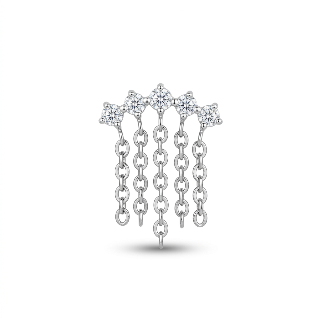 Terminale piercing in titanio ASTM F136 con stelle impreziosite da zirconi e catenelle pendenti. Ideale per lobo e flat. Ipoallergenico, nickel free e perfetto per un look elegante e originale.