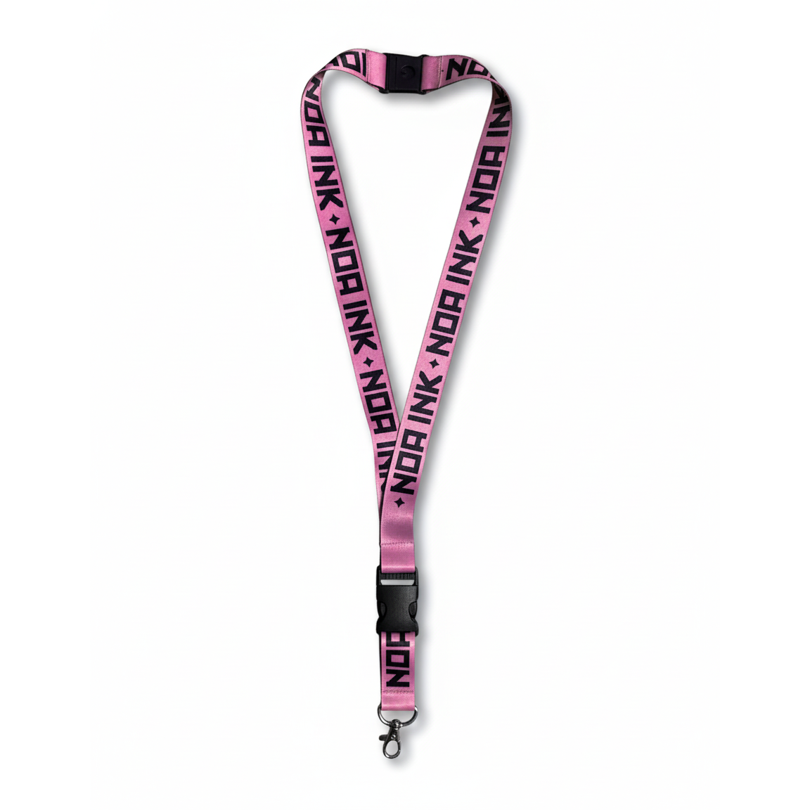 Cordino lanyard rosa NOA INK con logo nero, accessorio unisex in tessuto resistente, perfetto per badge, chiavi o pass, design moderno ed elegante su sfondo bianco.