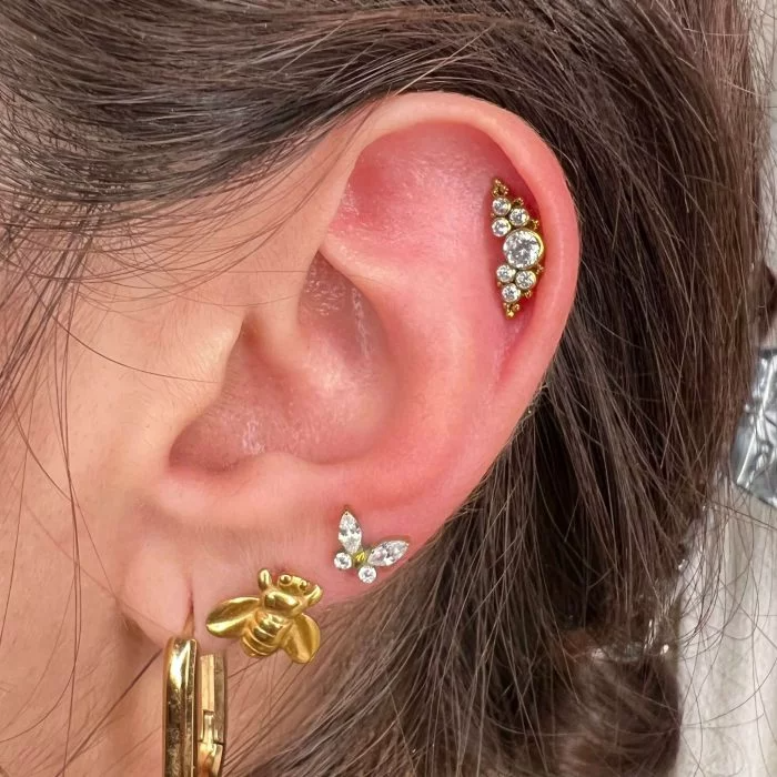 Piercing in titanio premium con cluster di pietre brillanti, ideale per look luminosi e delicati.