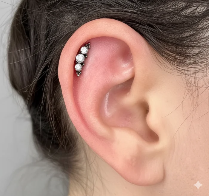 Cluster piercing a tre gemme (Crystal Cluster) in titanio anallergico, massima brillantezza.