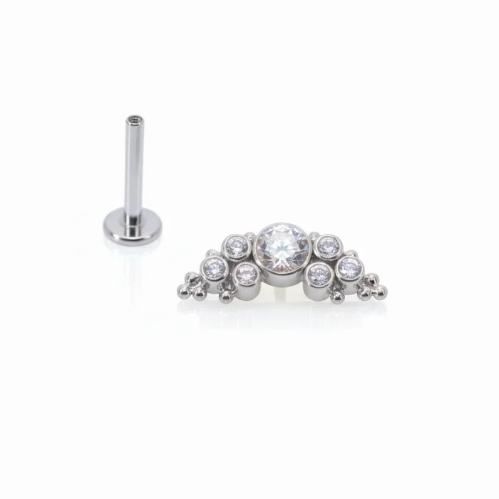 Piercing in titanio premium con cluster di pietre brillanti, ideale per look luminosi e delicati.