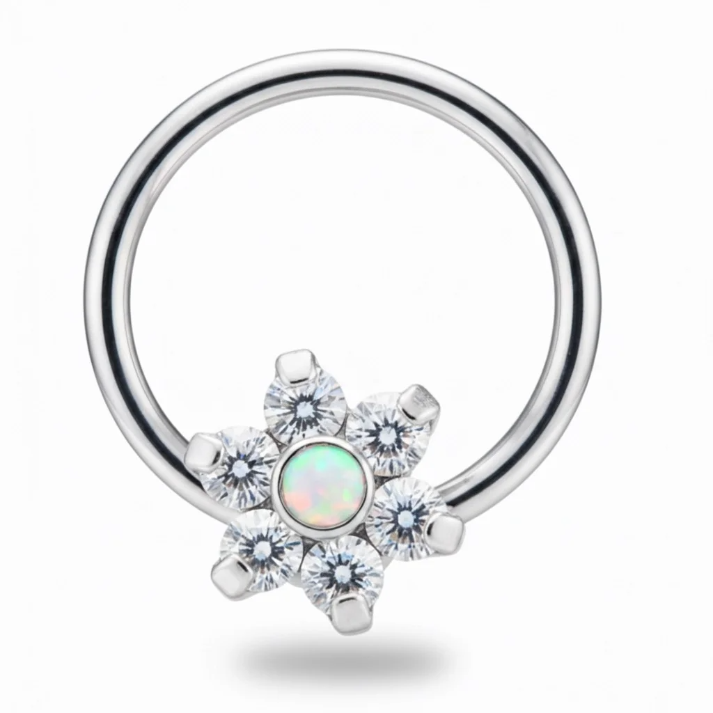 Flower Pearl Circle in titanio – anello floreale con perla brillante, elegante e anallergico, perfetto per un look sofisticato.