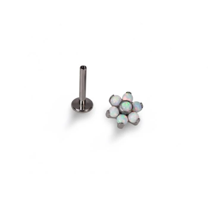 Gioiello piercing Flower Opal Color in titanio chirurgico con fiore di opale multicolore, anallergico e resistente, ideale per piercing helix o conch.