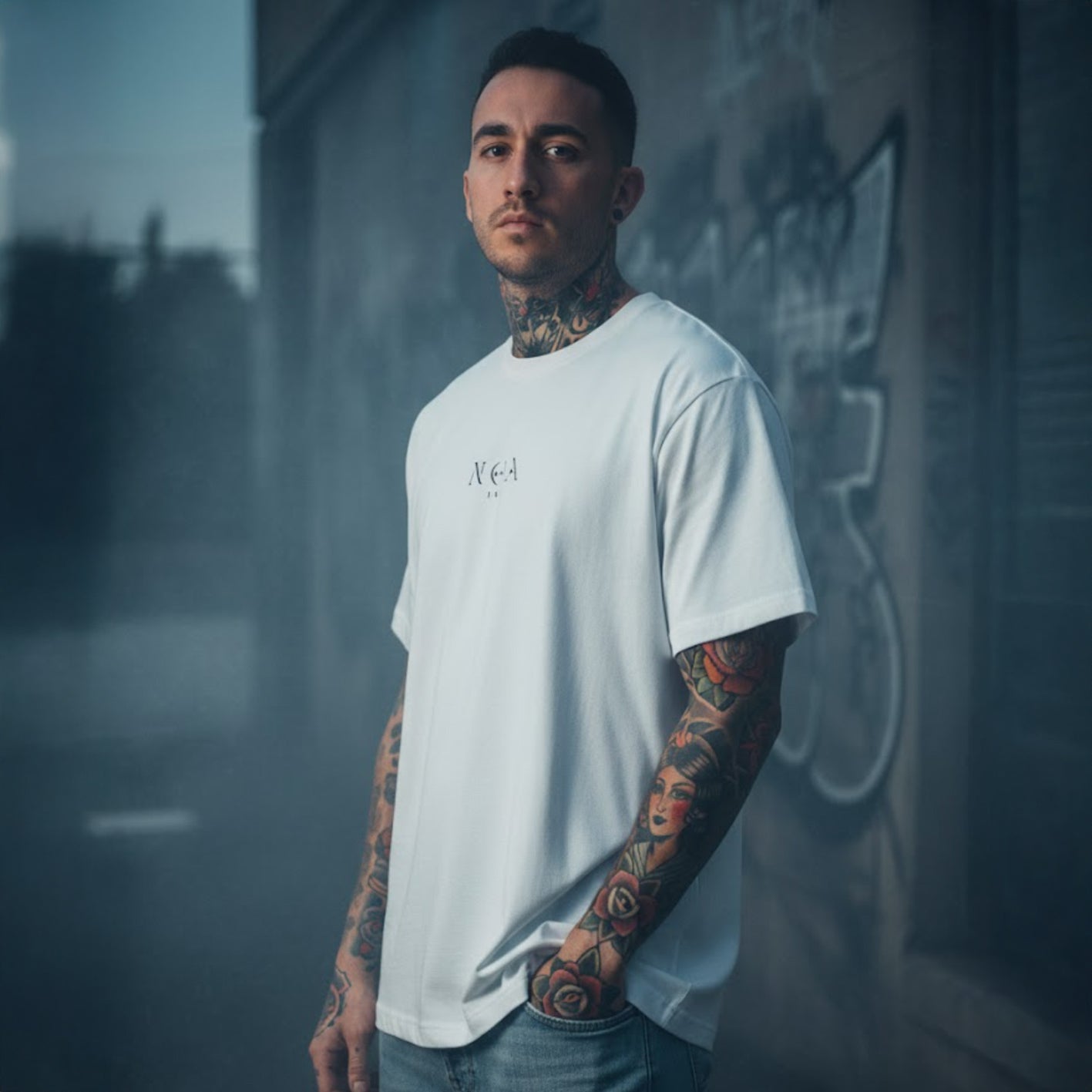 T-shirt bianca Noa Ink unisex, design minimal, cotone di alta qualità, stile streetwear urban.